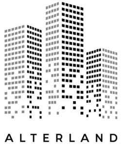 Abstract grayscale pixelated patterns in vertical columns against a dark background.