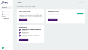 RHS user dashboard interface displaying service options, notifications, and upcoming service appointments, with a personalized greeting for user Michał.