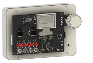 Electronic printed circuit board with components and LCD screen mounted in a metal enclosure with a rotary knob.